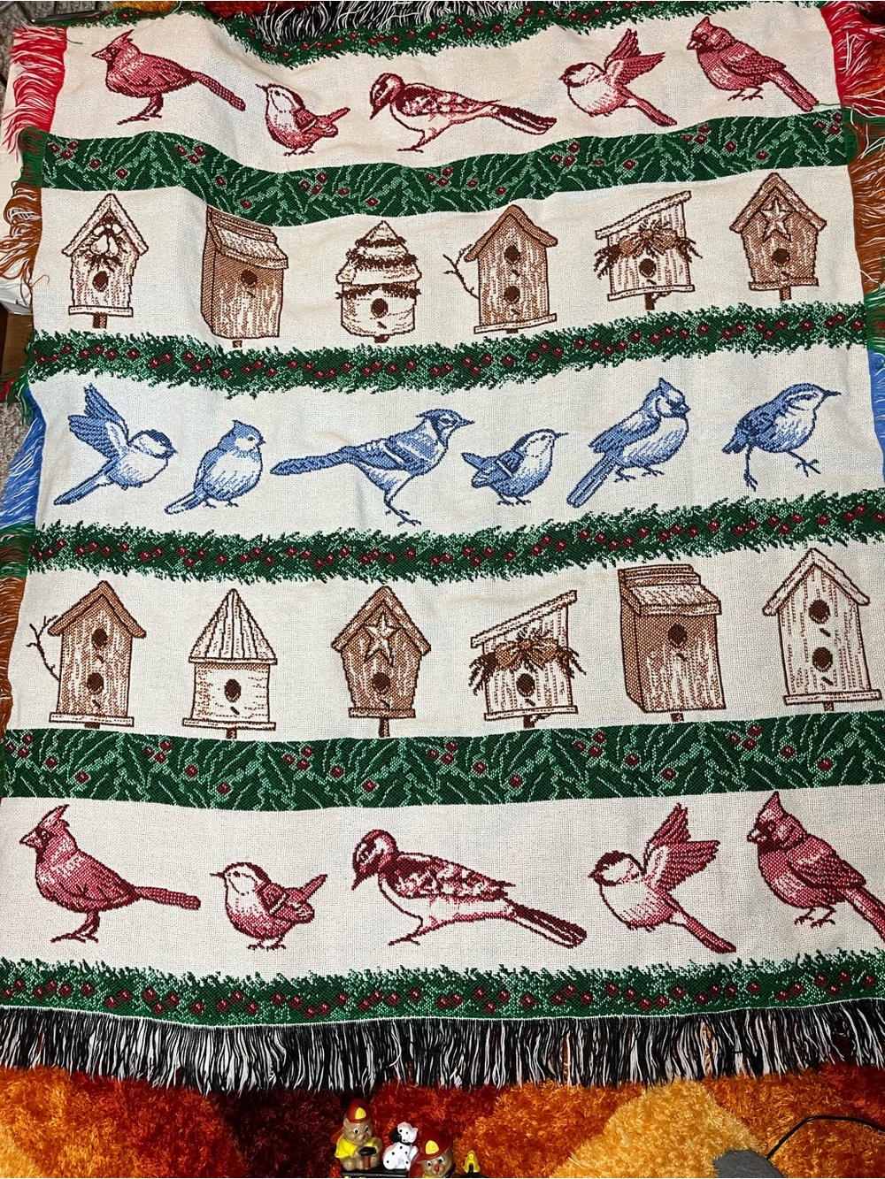 Vintage Bird & Birdhouse Holiday Throw Blanket - Red, Blue, Green